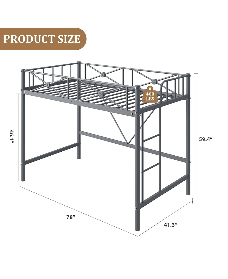 homfan Metal Loft Bed Frame with Ladder and 15.0 Guardrail, Space-Saving Steel Slats, No Box Spring Needed