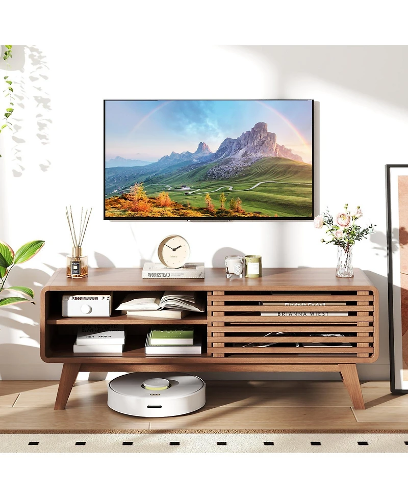 Gymax Tv Stand with Sliding Door Adjustable Shelves and Rubber Wood Legs for TVs