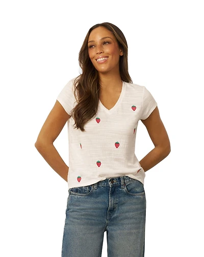 Cable & Gauge Women's Crinkle Vneck Embroidered Tee