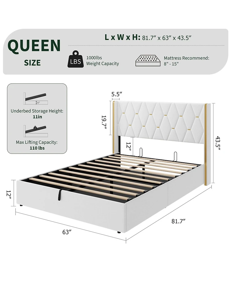 homfan Velvet Lift-Up Storage Bed Frame with Wingback Headboard and Gold Trim, Diamond Tufted Platform Bed