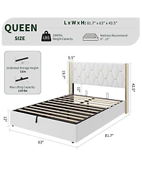 homfan Velvet Lift-Up Storage Bed Frame with Wingback Headboard and Gold Trim, Diamond Tufted Platform Bed
