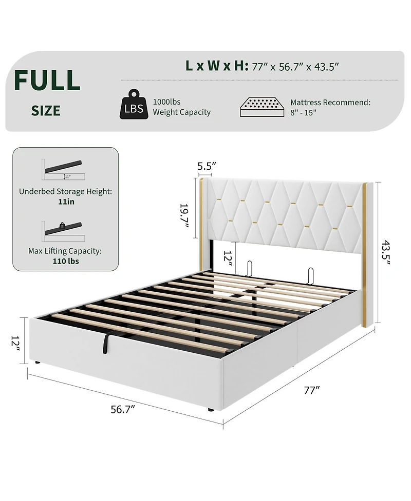 homfan Velvet Lift-Up Storage Bed Frame with Wingback Headboard and Gold Trim, Diamond Tufted Platform Bed