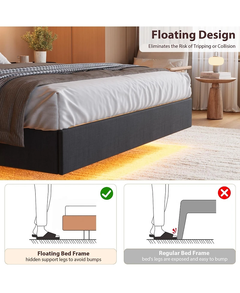 homfan Floating Platform Bed Frame with Led Lights, Charging Station and Storage Headboard, Upholstered Bed
