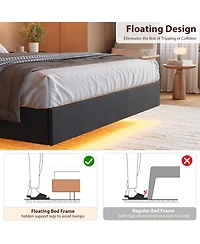 homfan Floating Platform Bed Frame with Led Lights, Charging Station and Storage Headboard, Upholstered Bed