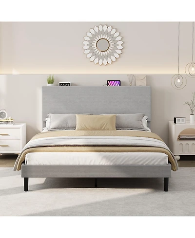 homfan Corduroy Upholstered Platform Bed Frame with Usb Charging Station, Adjustable Storage Headboard