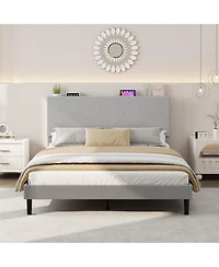 homfan Corduroy Upholstered Platform Bed Frame with Usb Charging Station, Adjustable Storage Headboard