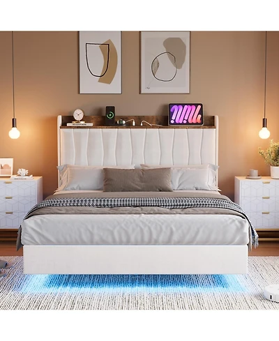 homfan Floating Platform Bed Frame with Led Lights, Charging Station and Storage Headboard, Upholstered Bed