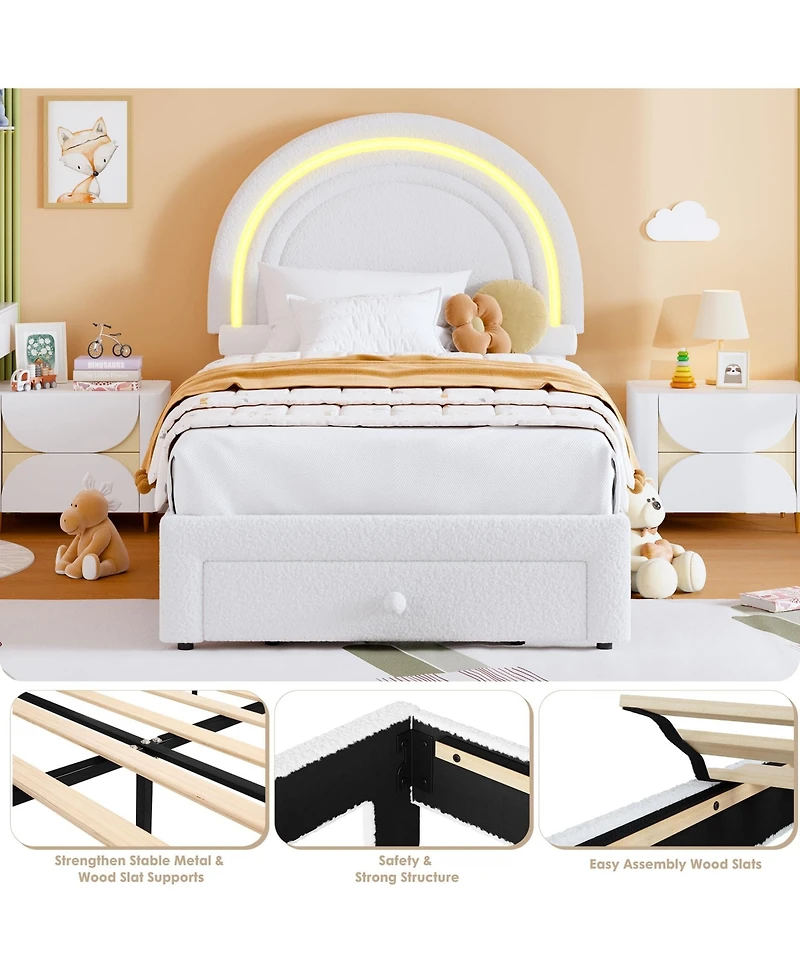 homfan Upholstered Kids Bed Frame with Led Rainbow Headboard and Storage Drawer, Wood Slats, No Box Spring Needed