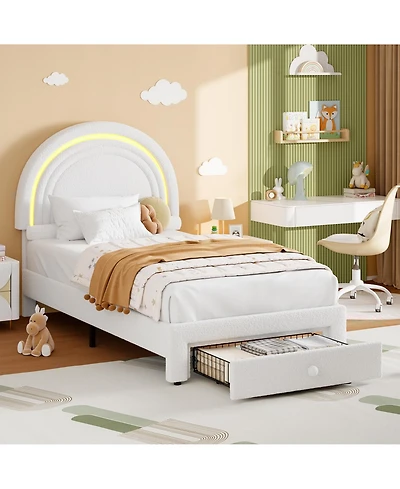 homfan Upholstered Kids Bed Frame with Led Rainbow Headboard and Storage Drawer, Wood Slats, No Box Spring Needed