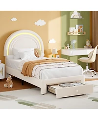 homfan Upholstered Kids Bed Frame with Led Rainbow Headboard and Storage Drawer, Wood Slats, No Box Spring Needed