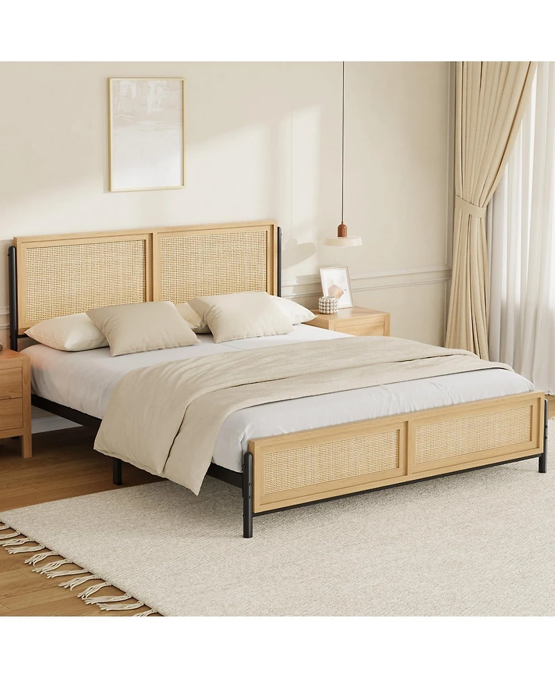 homfan Boho Rattan Platform Bed Frame with Headboard and Footboard, Quiet Support, Underbed Storage