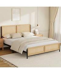 homfan Boho Rattan Platform Bed Frame with Headboard and Footboard, Quiet Support, Underbed Storage