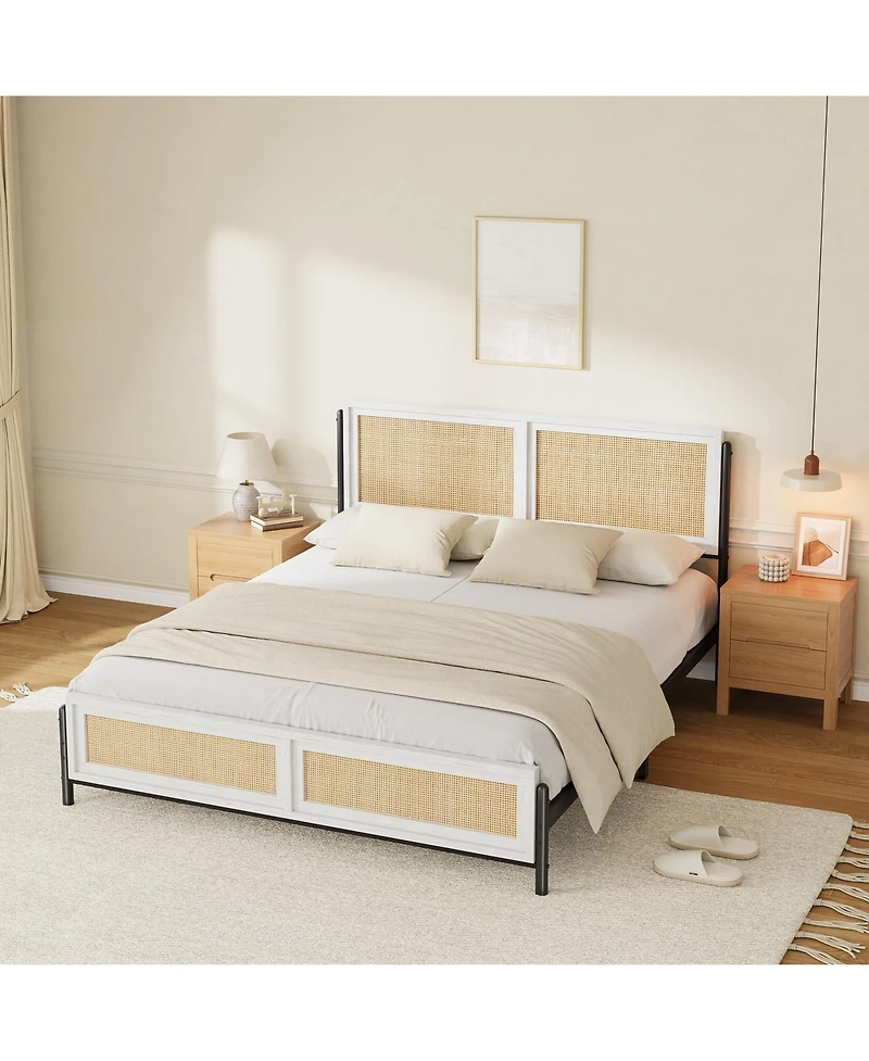 homfan Boho Rattan Platform Bed Frame with Headboard and Footboard, Quiet Support, Underbed Storage