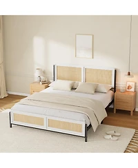 homfan Boho Rattan Platform Bed Frame with Headboard and Footboard, Quiet Support, Underbed Storage