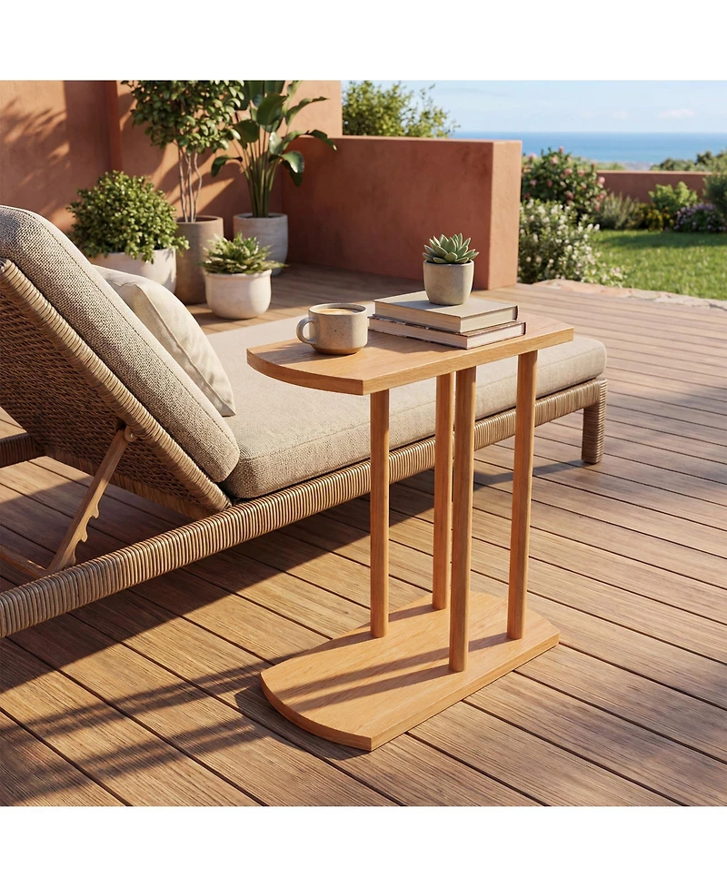 Slickblue 2-Tier C-Shaped Side Table Teak Wood with Thickened Top