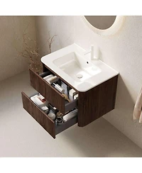 Thirtypeachy 30" Retro Walnut Modern Floating Bathroom Vanity, Ceramic Sink with 2 Drawers, Pre-assembled Plywood Cabinet