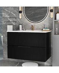Thirtypeachy 36" Modern Floating Vanity With Ceramic Sink, Fluted Wall-Mount Cabinet, 2 Drawers U-Shaped Cutout