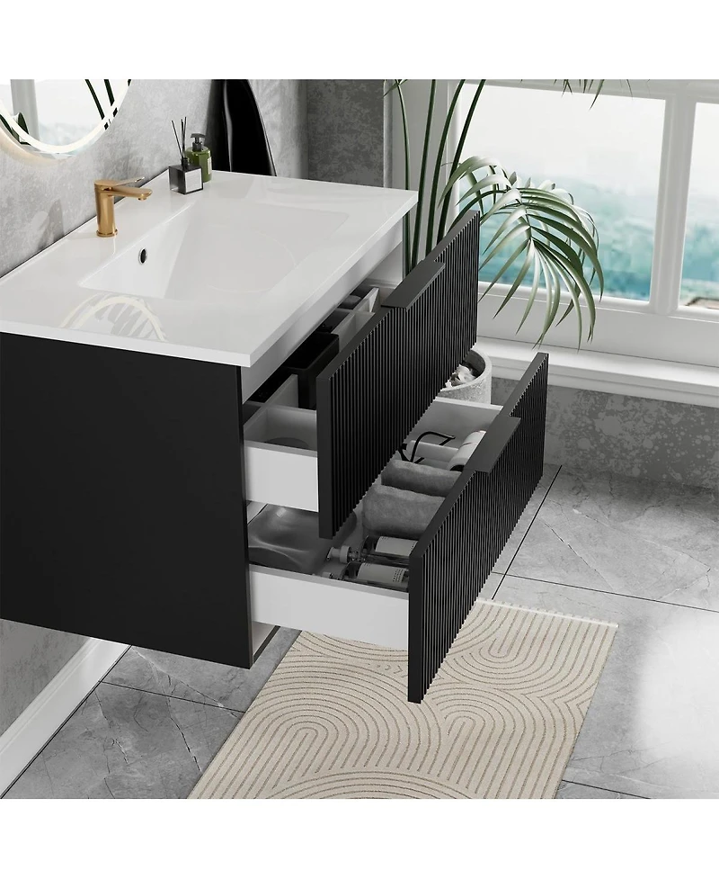 Thirtypeachy Modern Floating Vanity With Ceramic Sink,Fluted Wall-Mount Cabinet, 2 Drawers U-Shaped Cutout
