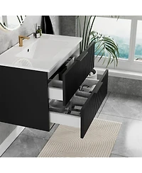 Thirtypeachy Modern Floating Vanity With Ceramic Sink,Fluted Wall-Mount Cabinet, 2 Drawers U-Shaped Cutout