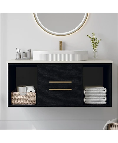 Thirtypeachy Modern Solid Wood Floating Bathroom Vanity, Single Sink Oval Ceramic Sink, Soft-Close Drawers Open Shelf
