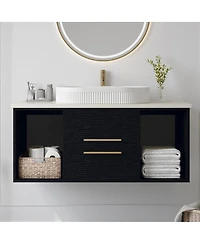 Thirtypeachy Modern Solid Wood Floating Bathroom Vanity, Single Sink Oval Ceramic Sink, Soft-Close Drawers Open Shelf