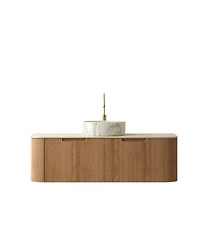 Sillysis Wall Mounted Bathroom Vanity with Sintered Stone Top, Round Ceramic Sink, Wood Grain Drawer