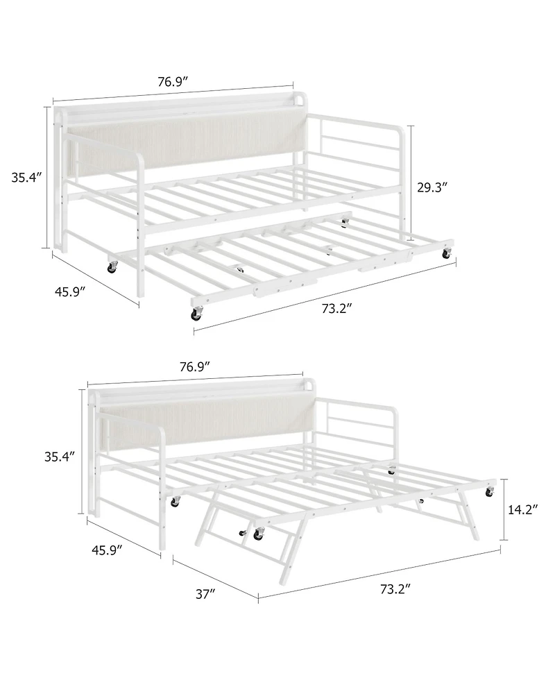homfan Twin Daybed with Pop-Up Trundle, Led Lights, Charging Station and Corduroy Storage Headboard, Metal Frame