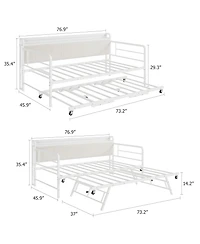 homfan Twin Daybed with Pop-Up Trundle, Led Lights, Charging Station and Corduroy Storage Headboard, Metal Frame