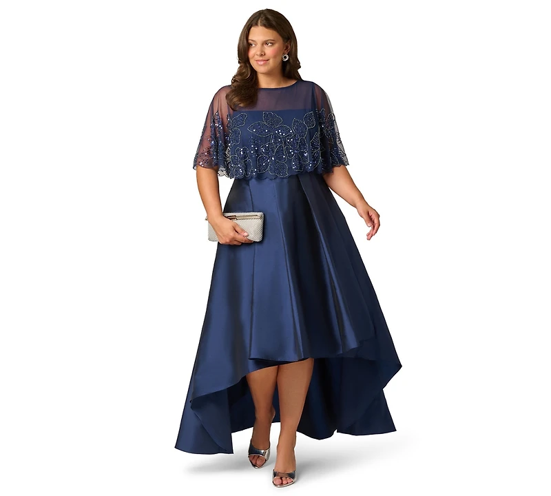 Adrianna Papell Plus Cape Detail Asymmetrical Ball Gown