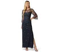 Adrianna Papell Women's Bead Mesh Illusion Boat Neck Gown