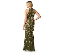 Adrianna Papell Women's Beaded Mesh Halter Neck Gown