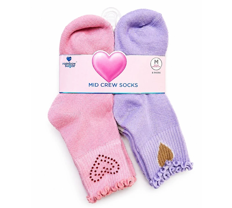 Rainbow Sugar Girls' 4-8.5 Mid Crew Socks, 8-Pack
