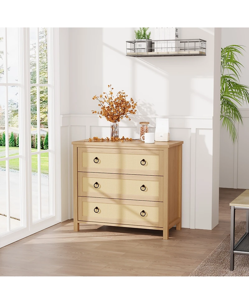 homfan 5 Drawer Tall Dresser, 45 Rattan Boho Chest of Drawers, Wooden with Clothes Storage Cabinet, Organizer for Bedroom