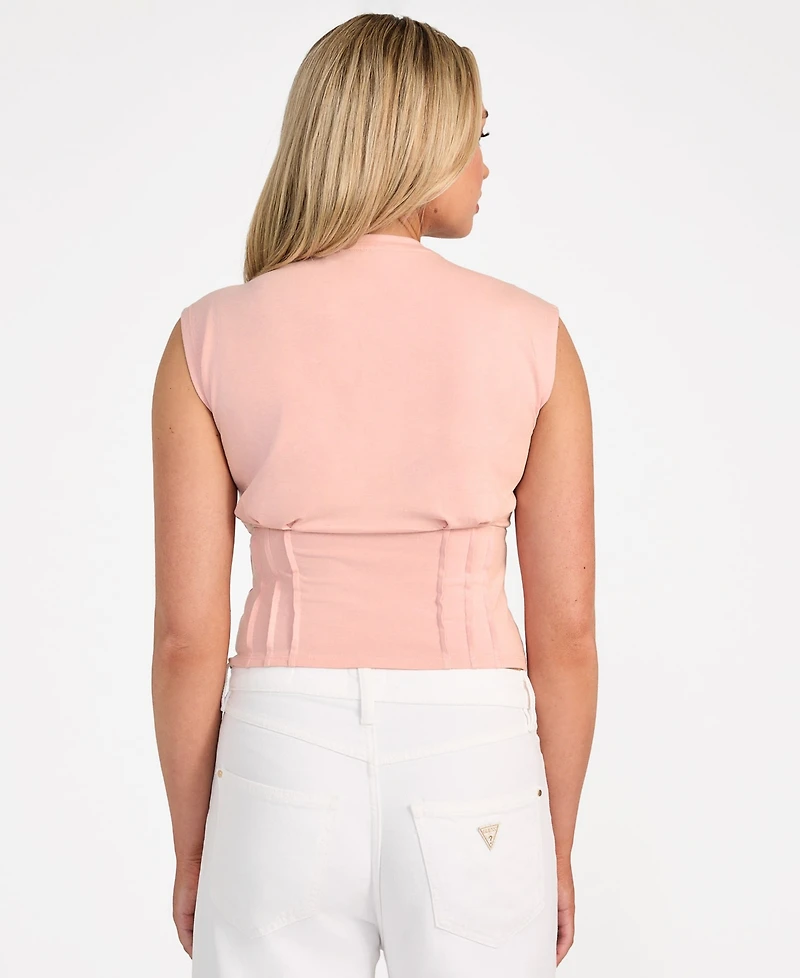 Guess Women's Pleated-Waist Palm-Print Brooch-Detail Top