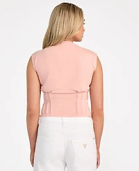 Guess Women's Pleated-Waist Palm-Print Brooch-Detail Top