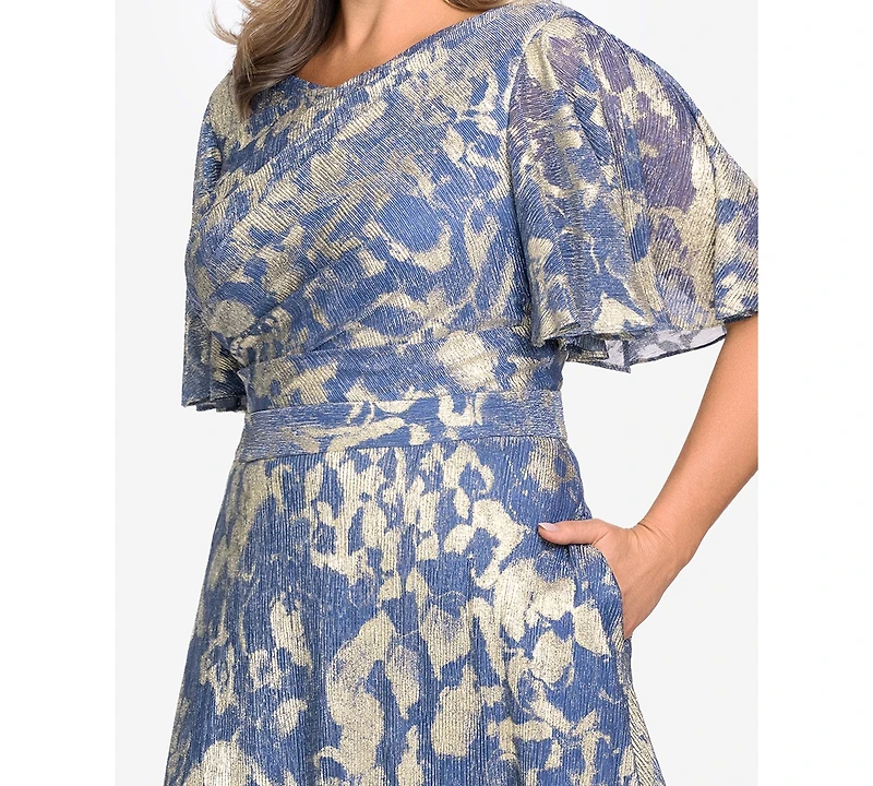 Betsy & Adam Plus V-Neck Foil Printed Gown