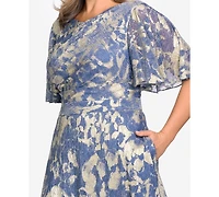 Betsy & Adam Plus V-Neck Foil Printed Gown