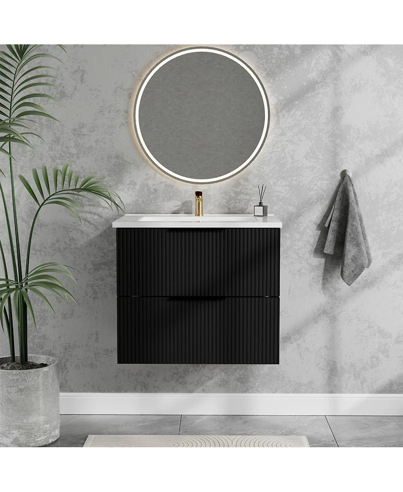 Thirtypeachy Floating Vanity With Ceramic Sink, Fluted Wall-Mount Cabinet, 2 Drawers U-Shaped Cutout
