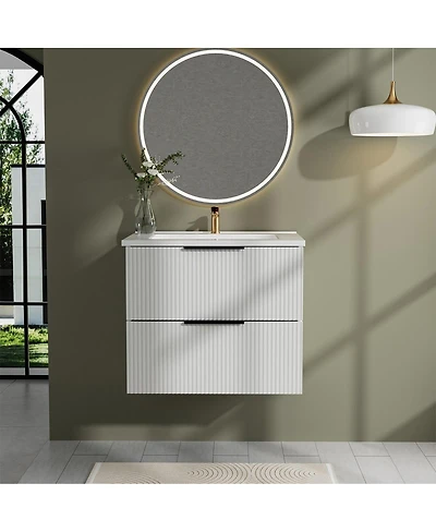 Thirtypeachy Floating Vanity With Ceramic Sink, Fluted Wall-Mount Cabinet, 2 Drawers U-Shaped Cutout