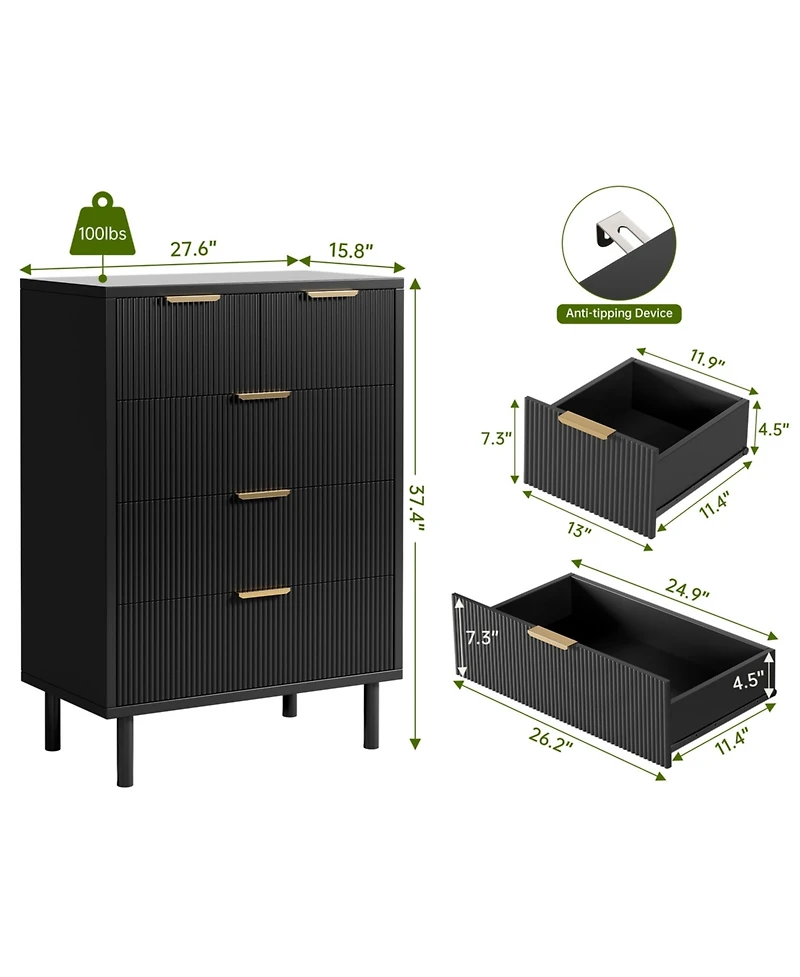 homfan Modern Fluted 5-Drawer Entryway Storage Cabinet - Sturdy Metal Frame, Anti-Tip Safety, Versatile Organizer for Bedroom, Hallway,