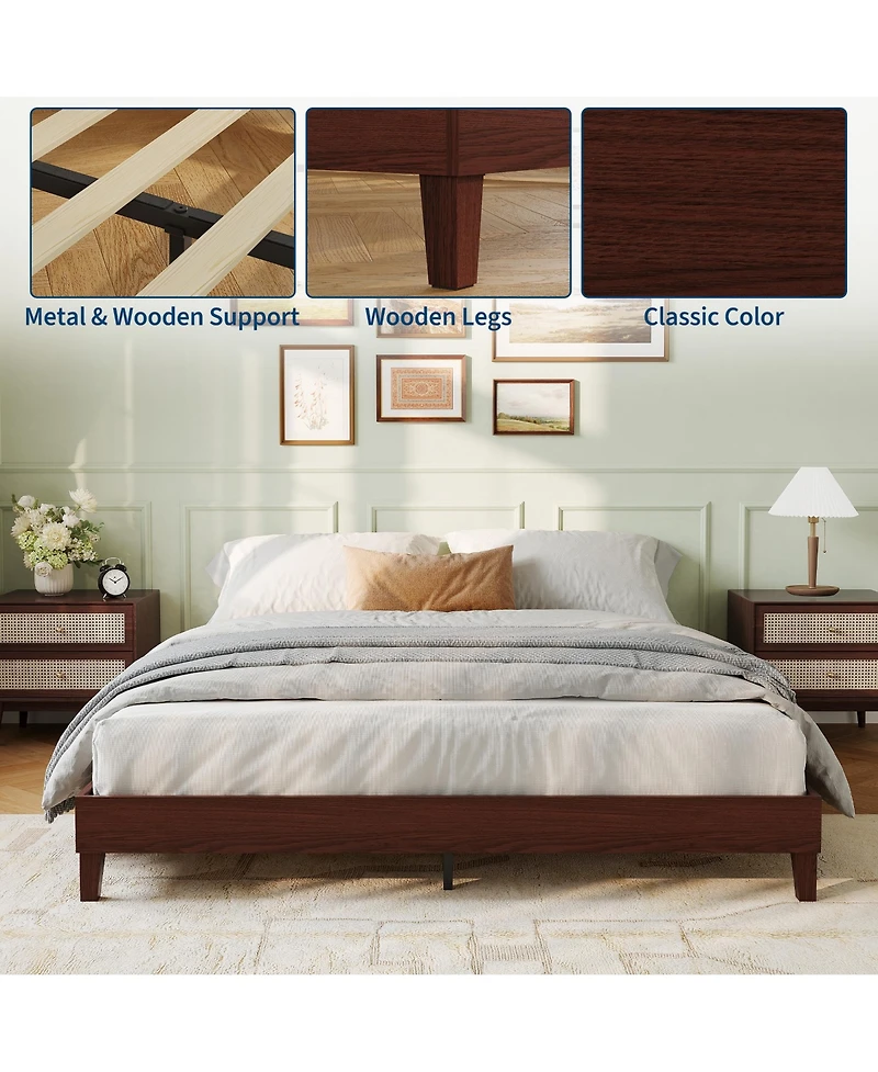 homfan Wood Platform Bed Frame with Wood Slats, Low Profile Bed, Quiet Support and Underbed Storage, No Box Spring Needed