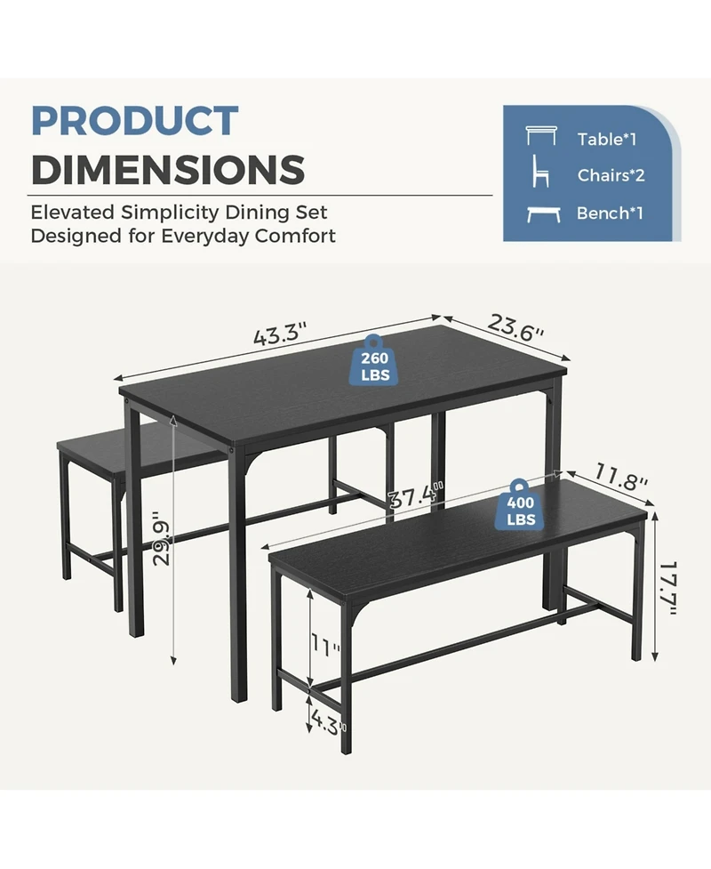 Yiortwo 3-Piece Dining Table Set with Benches, 4-Person Kitchen