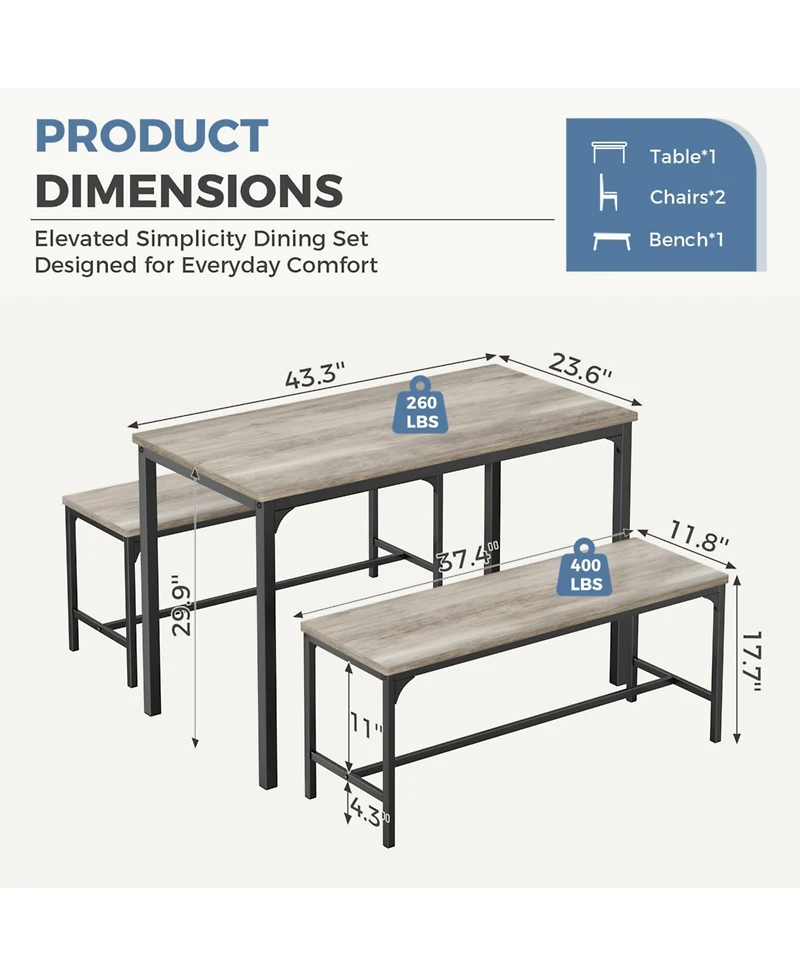 Yiortwo 3-Piece Dining Table Set with Benches, 4-Person Kitchen