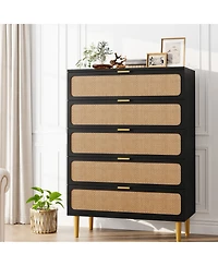 homfan Tall Boho 5-Drawer Rattan Dresser, Wooden Storage Cabinet with Deep Drawers for Multi-Space Use