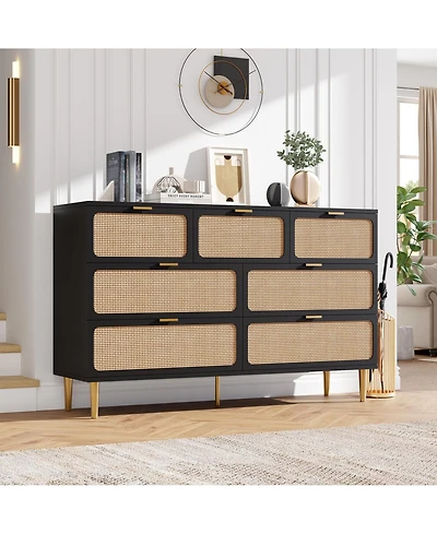 homfan Rattan 5-Drawer Tall Dresser, Wooden Chest with Deep Drawers and Wide Top for Bedroom, Living Room Hallway