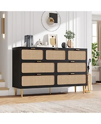 homfan Rattan 5-Drawer Tall Dresser, Wooden Chest with Deep Drawers and Wide Top for Bedroom, Living Room Hallway