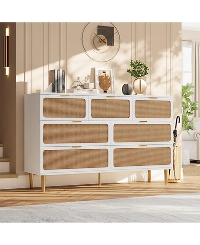 homfan Rattan 5-Drawer Tall Dresser, Wooden Chest with Deep Drawers and Wide Top for Bedroom, Living Room Hallway