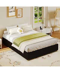 homfan Upholstered Low Platform Bed Frame with Round Wood Legs, No Headboard, Slat Support