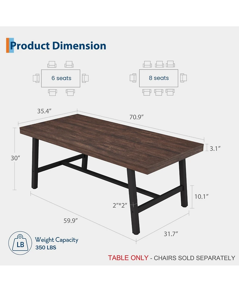 gaomon Dining Table for 6-8 People, Rectangular Wood Kitchen with Sturdy Metal Frame, Industrial Large Counter Dinner,