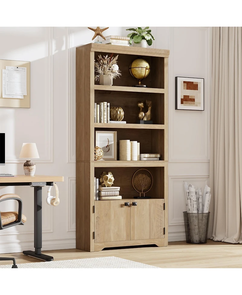 gaomon 5 Tier Bookshelf Farmhouse Bookcase with 2 Doors Adjustable Shelves Anti-Slip for Home Office Living Room, Study